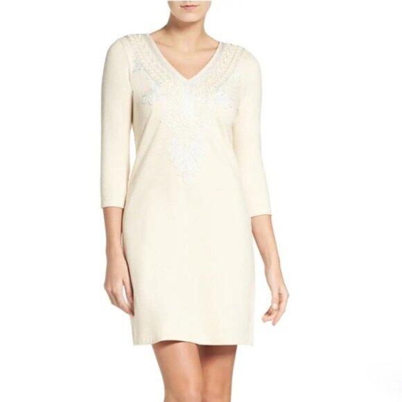 Lilly Pulitzer V-Neck 3/4 Sleeve Embellished Clarkson Dress in Cream Heather, XS - Picture 1 of 13